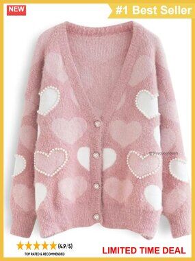 Heart Print Button Up V-Neck Oversized Knit Cardigan Sweater